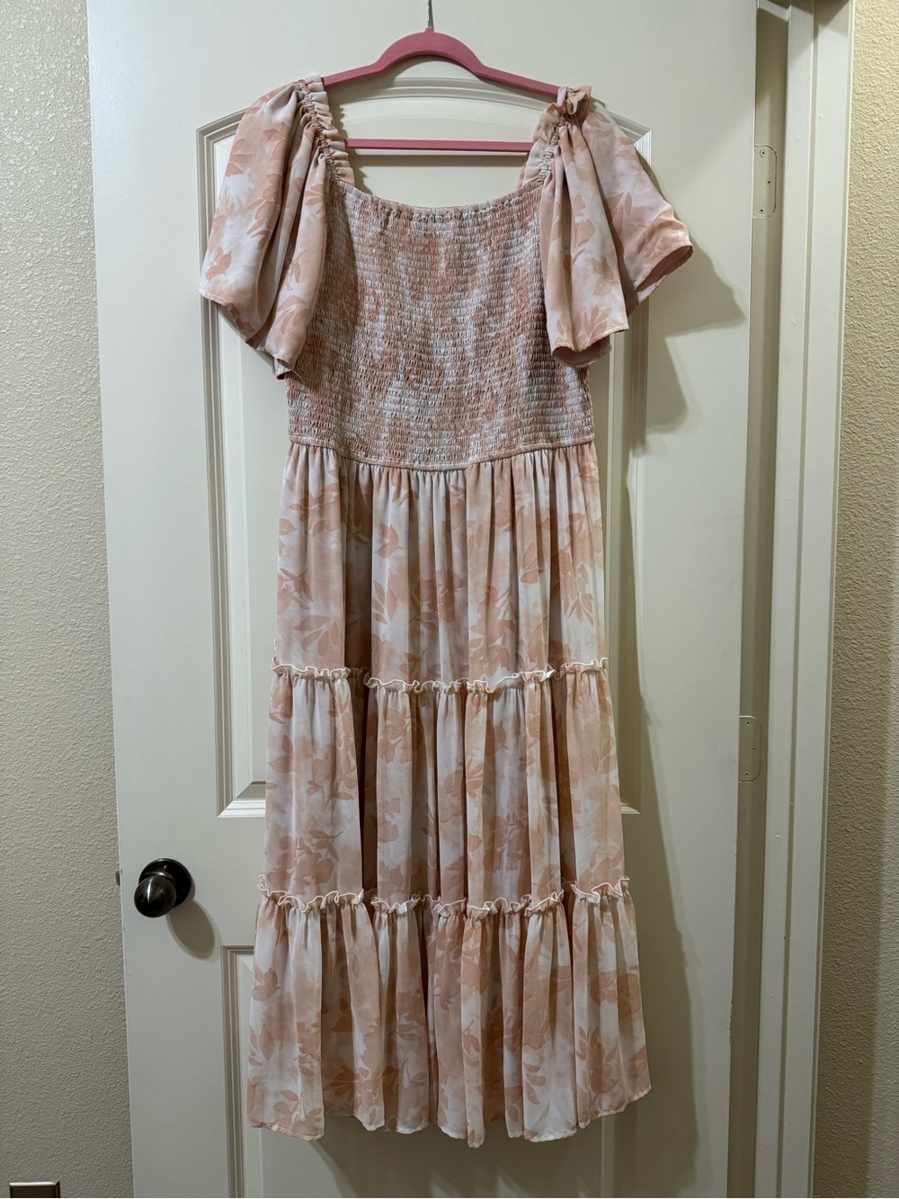 Ivy City Co Peach Floral Smocked Tiered Maxi Dress
